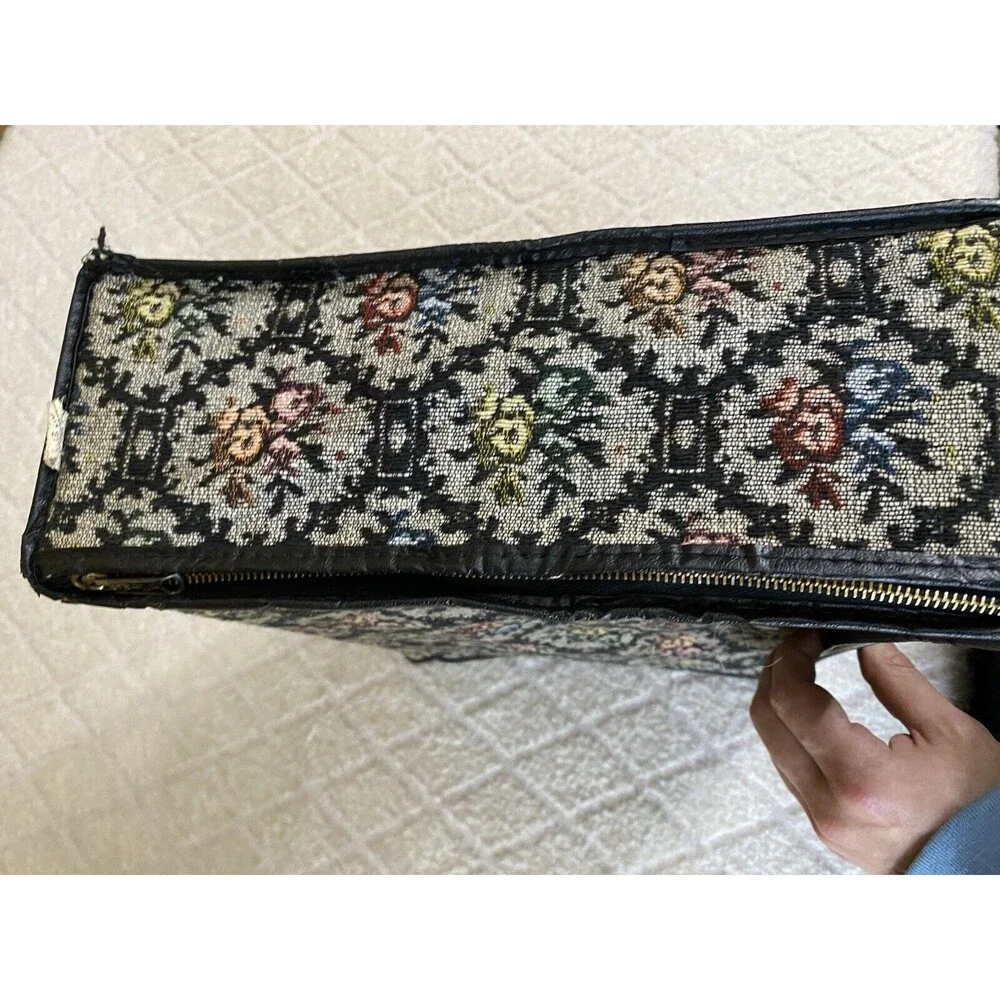 Vintage 60s Tapestry Floral All Over Woven Zipped Suitcase Luggage 14 By 11 Inch